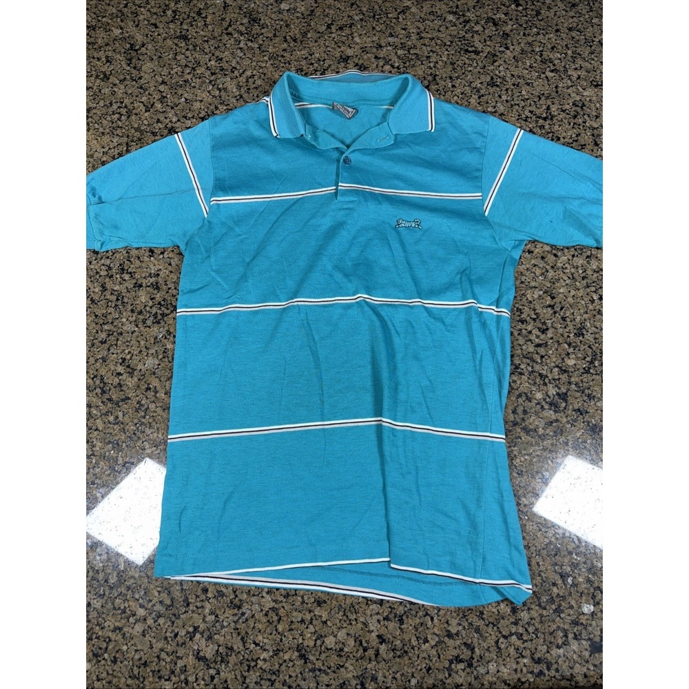 VINTAGE Par Four Golf Polo Shirt Small Turquoise 90s Colorful Stripe Ct3